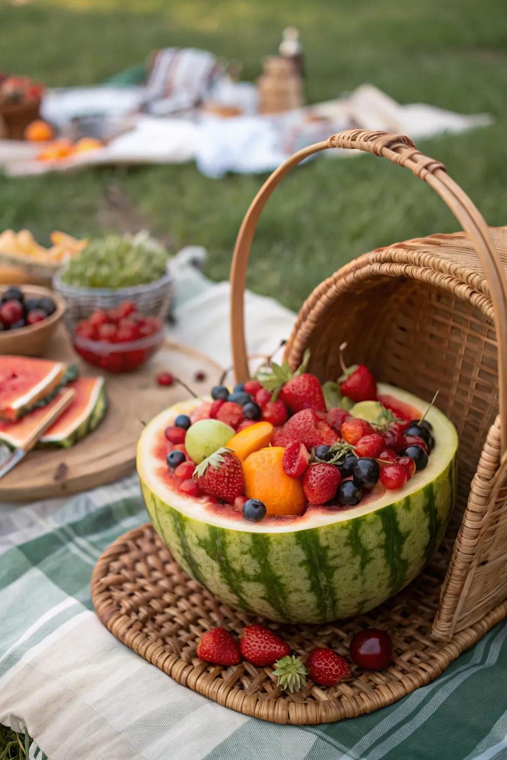 A fruit container is both usable and joyful for offering fruit salads.