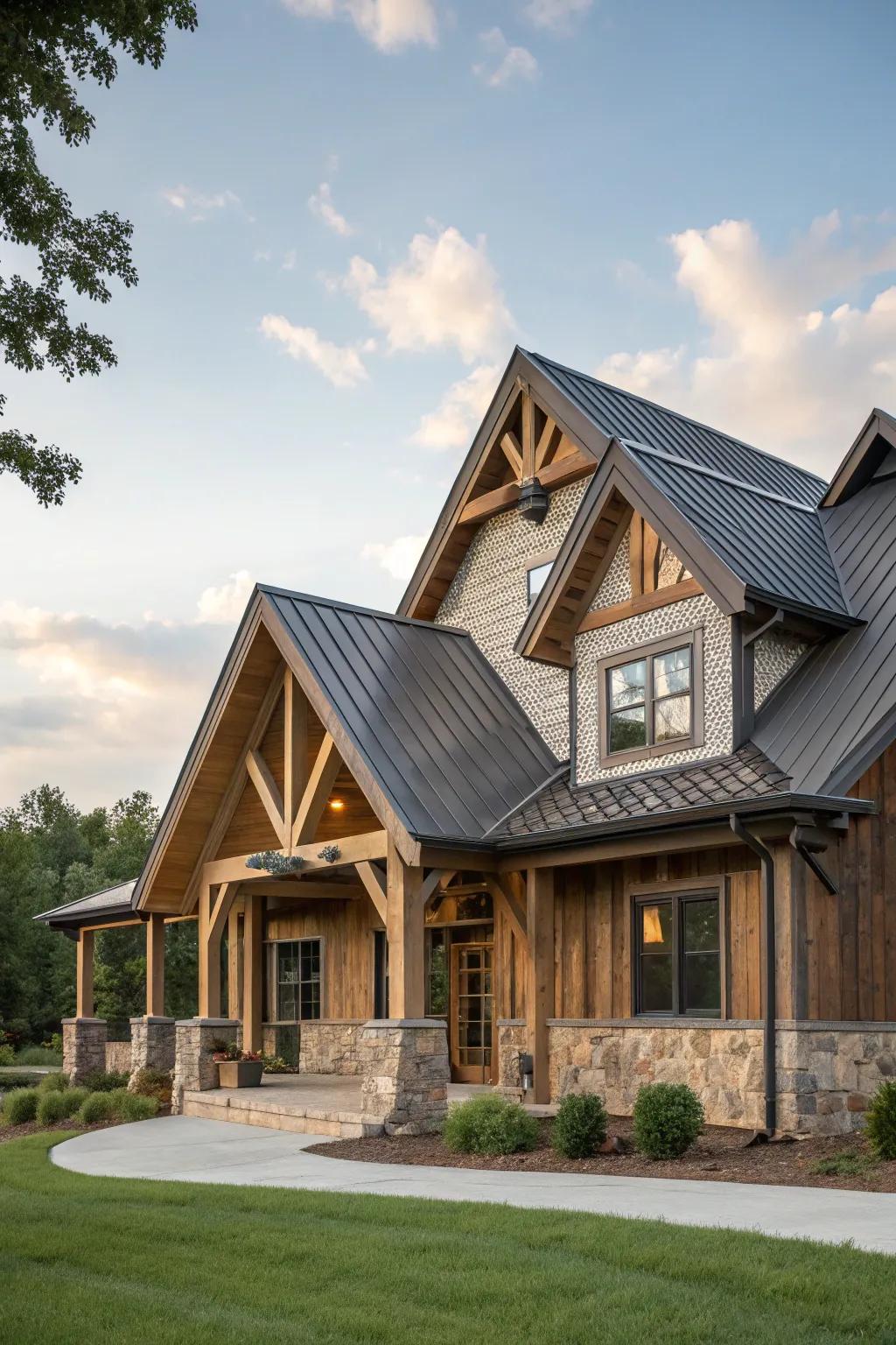 Fused materials enrich gable textures.