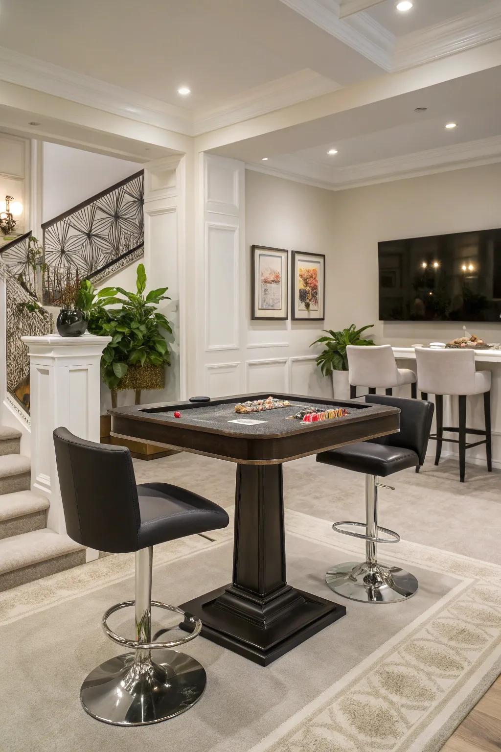 Elegant bar stools furnishing a modern grace to high-level gaming configurations.