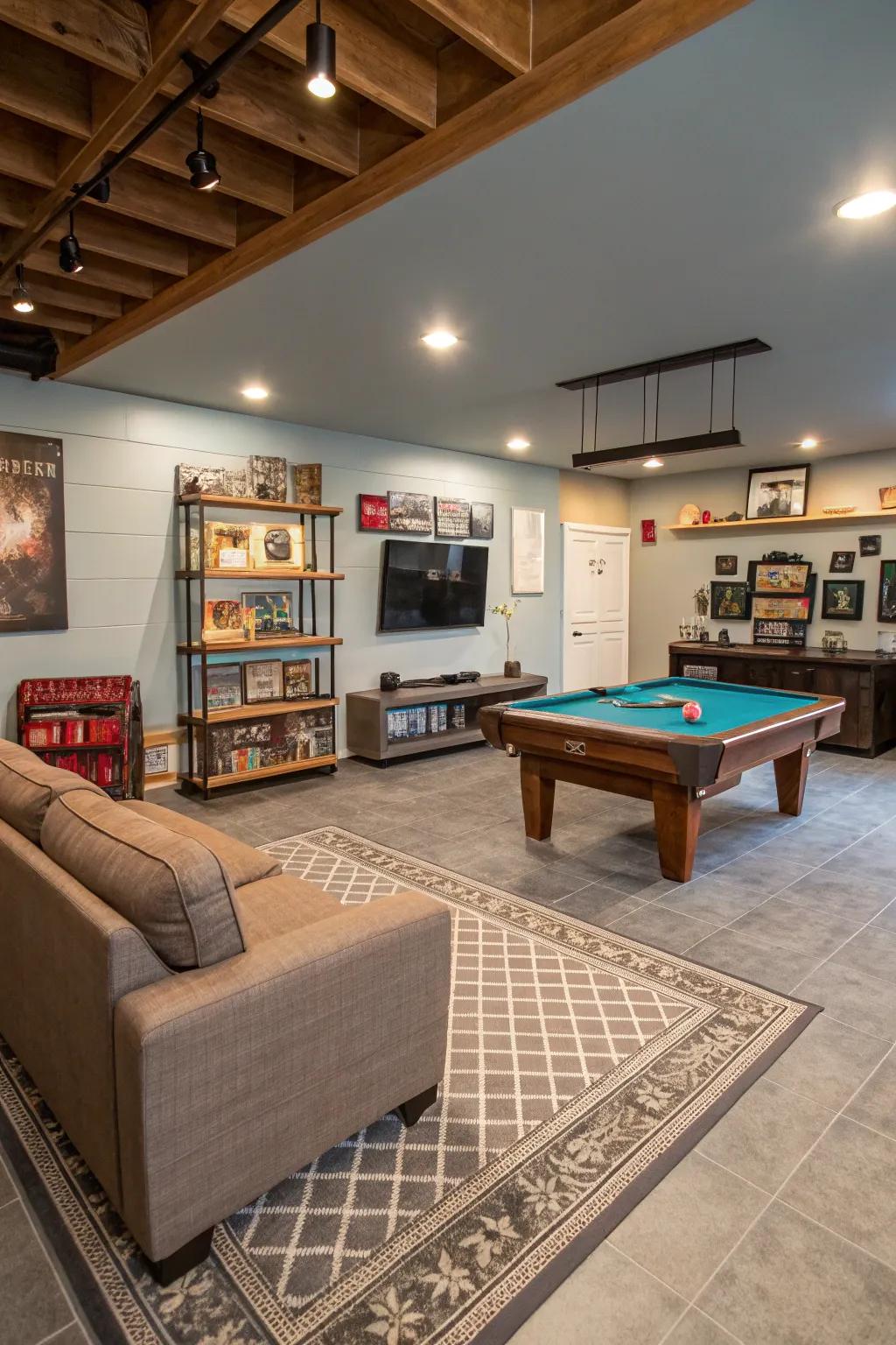A renovated garage offering a unique game room setting.