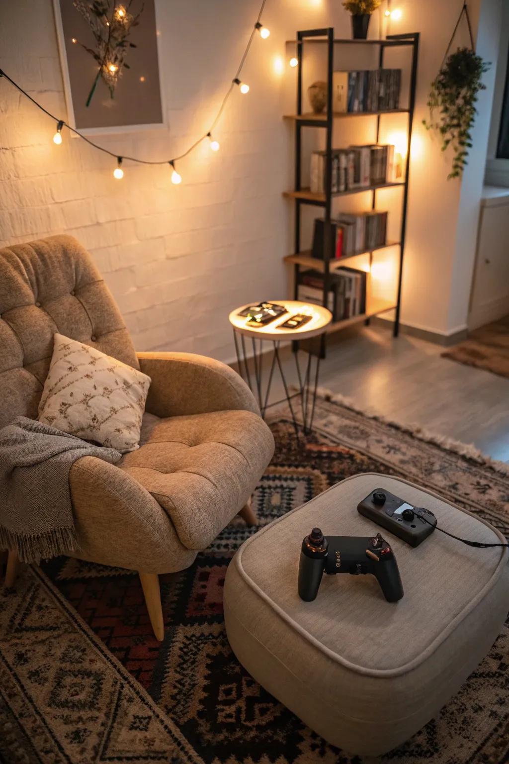 A comfortable retreat facilitates relaxation amid gaming.