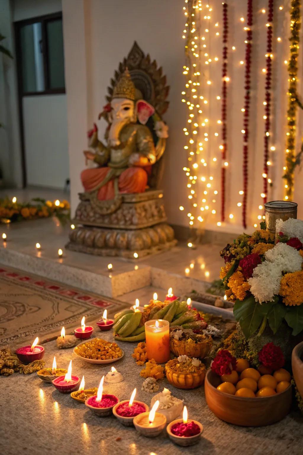 Candles and diyas projecting a toasty shimmer, enriching the festive spirit of the celebrations.