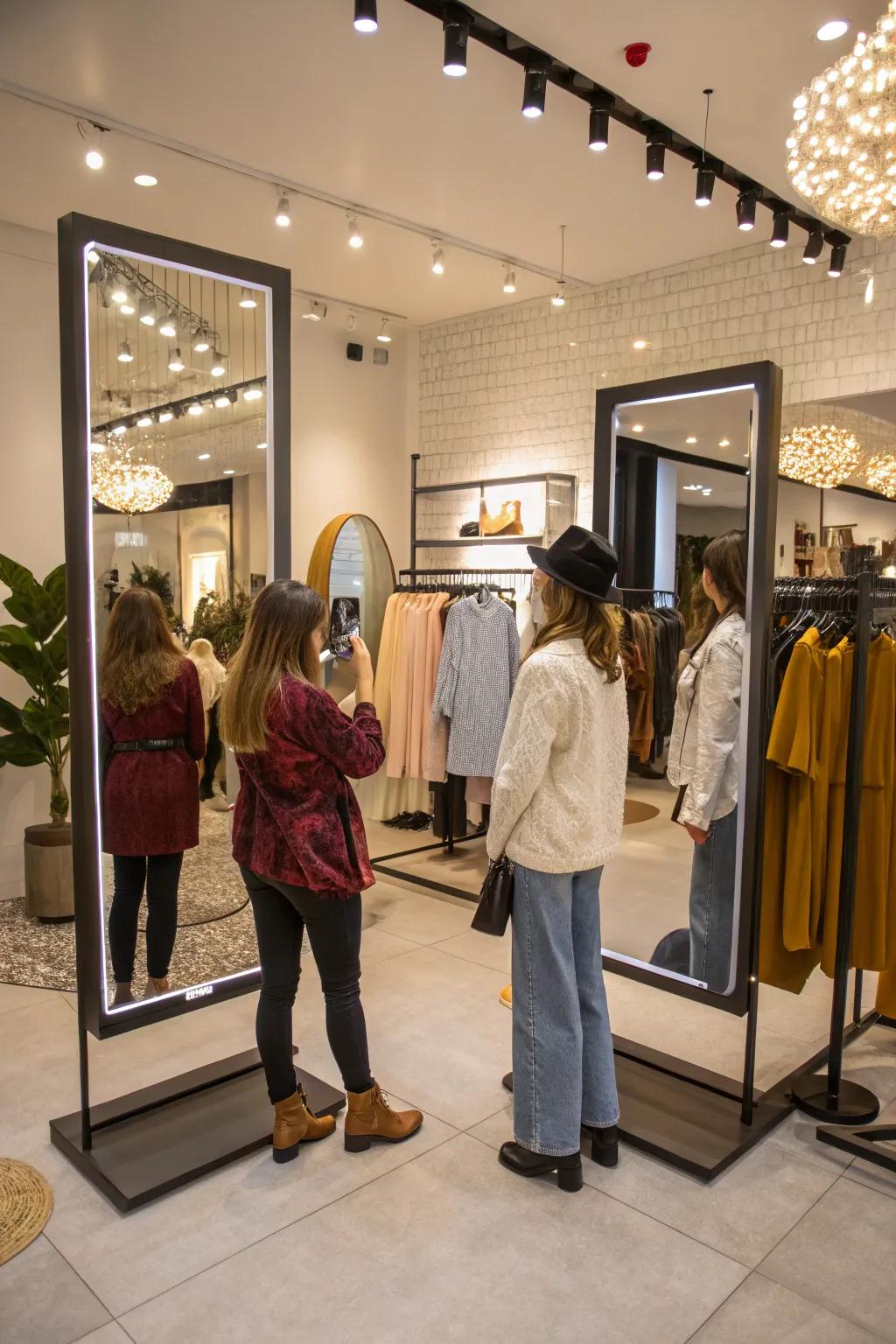 Interactive mirrors for a smart shopping experience in a garage shop.