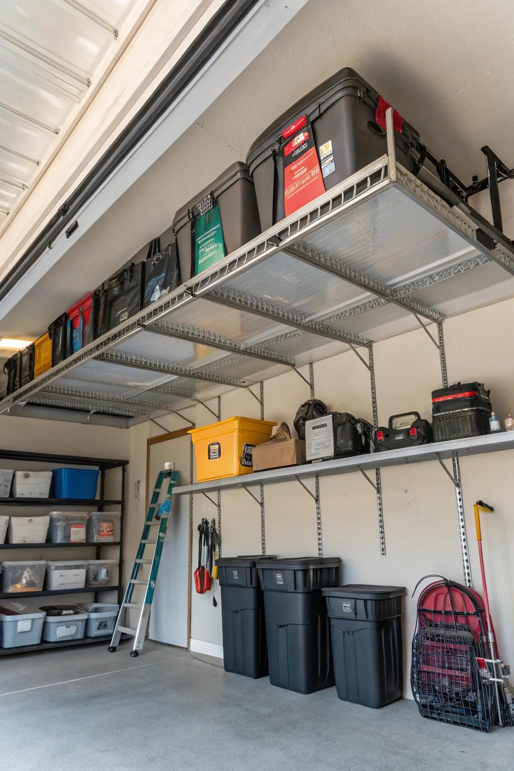 Overhead storage racks keep your garage tidy and efficient.