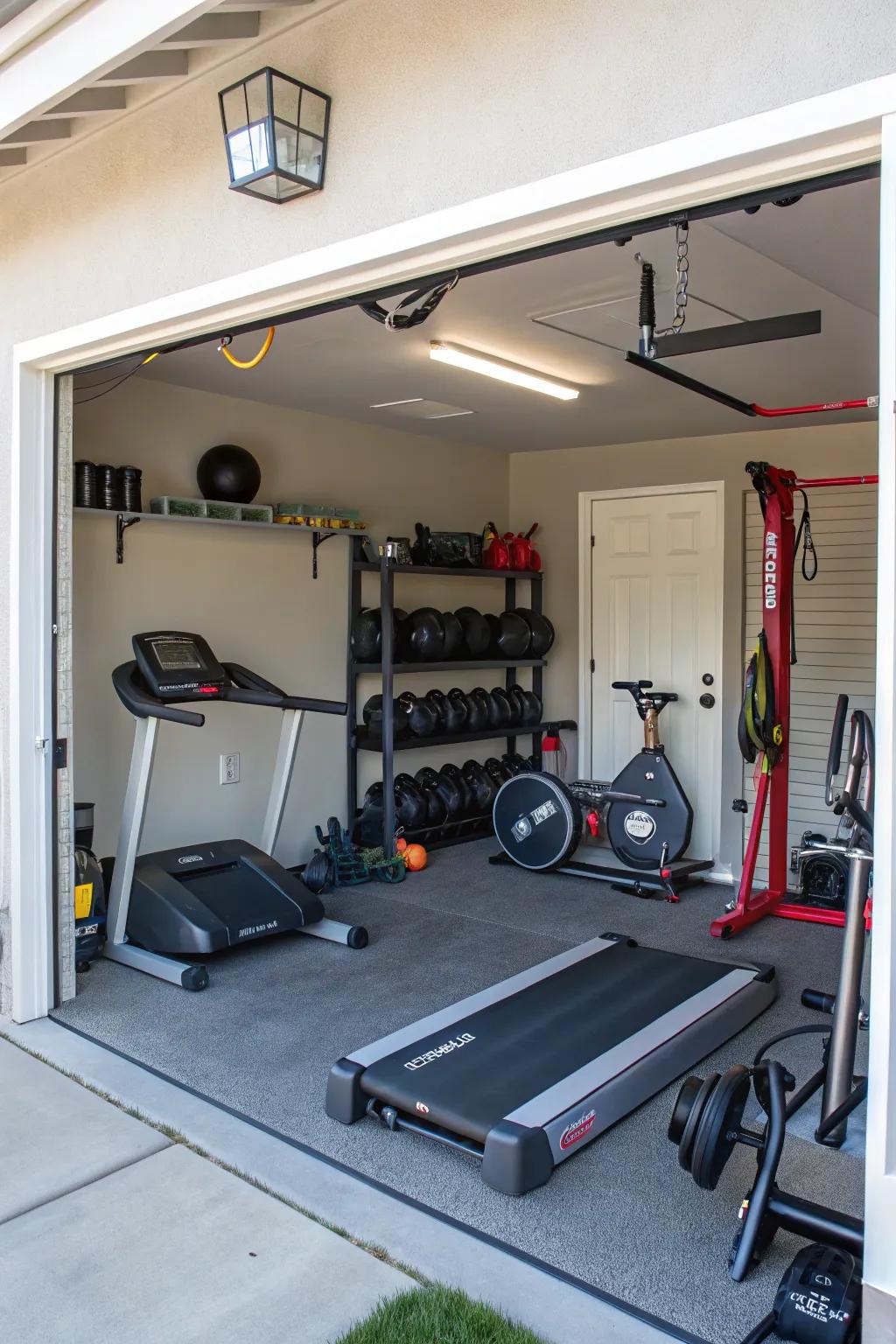 A home fitness studio smoothly integrated into a garage.