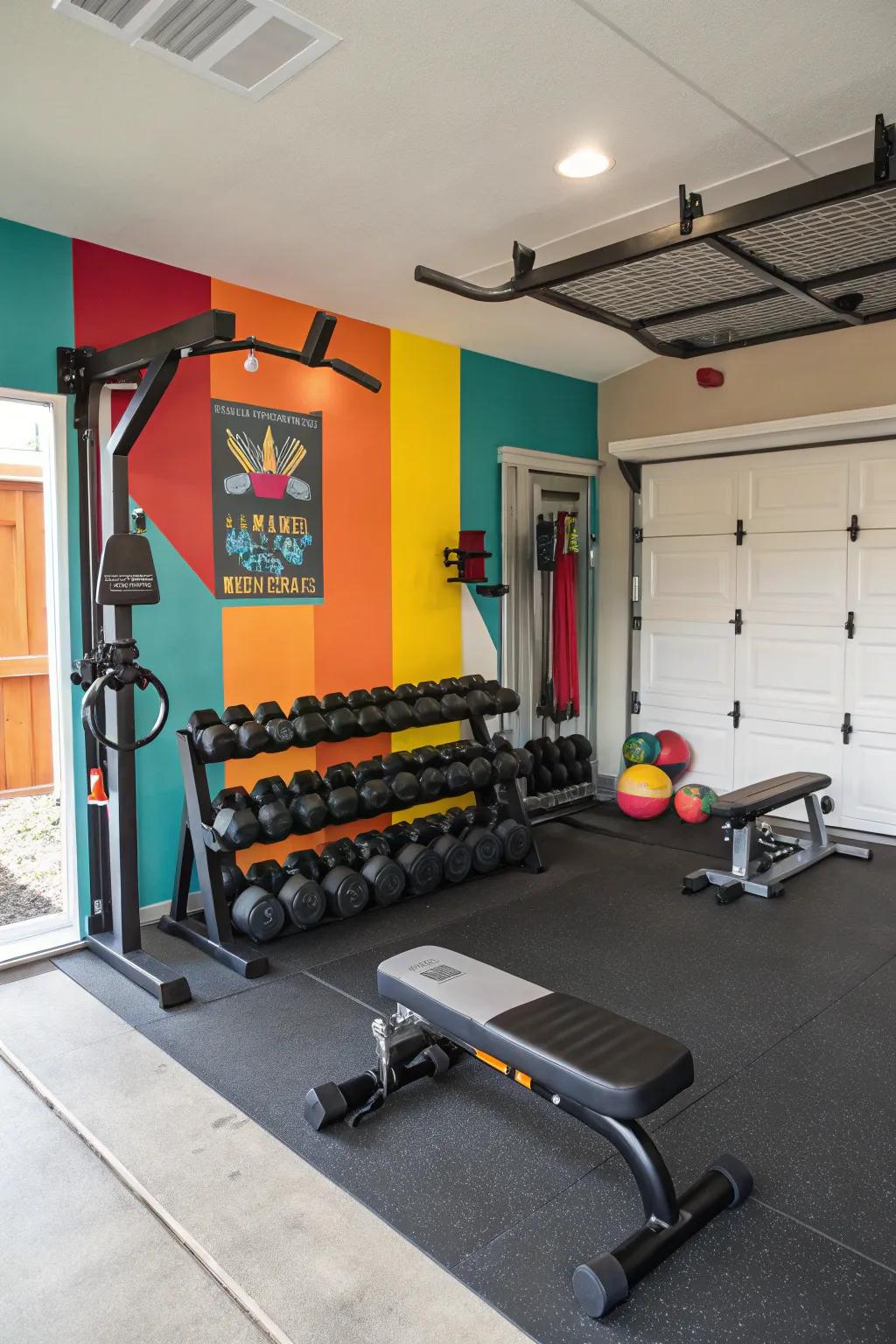 A vibrant accent wall is great to energize the gym.