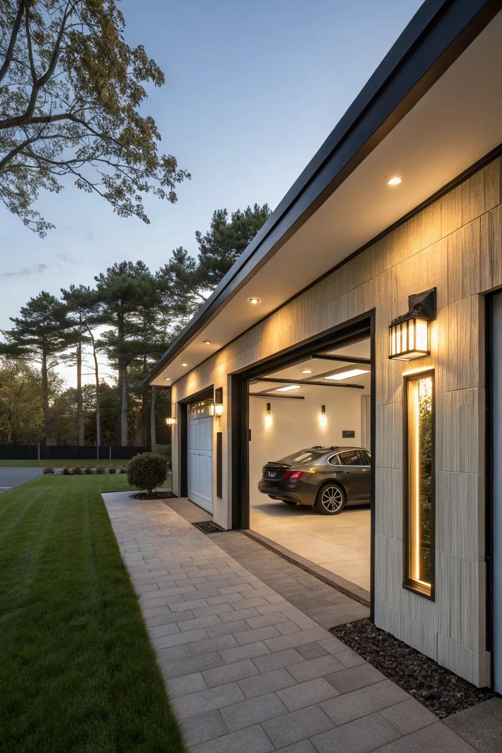 A garage showcasing distinct lighting elements that contribute a stylish flair.