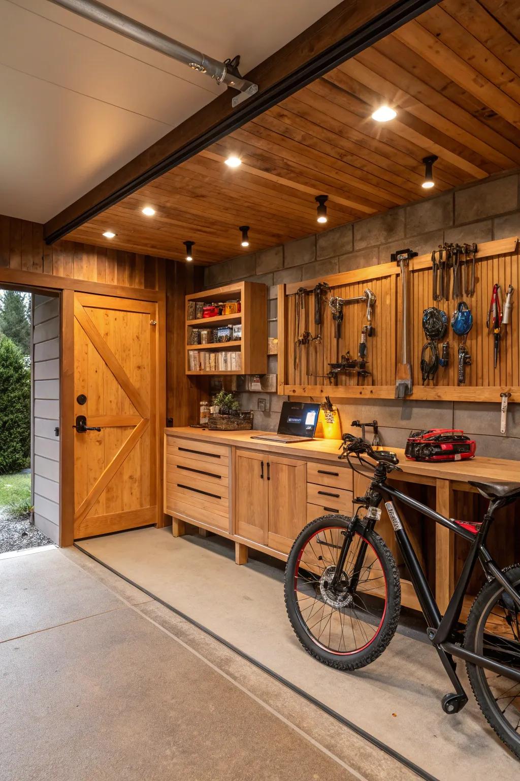 Wood tones contribute warmth and comfort to your garage.