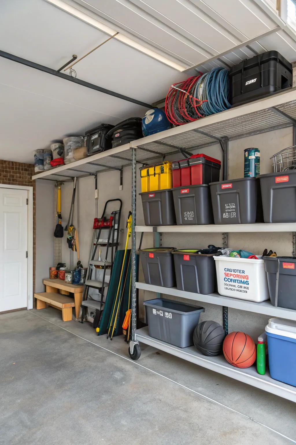 Ceiling racks maximize storage space in garages.