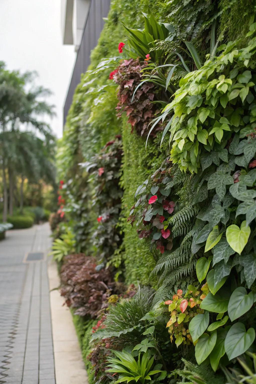 A rich vertical garden wall displaying a variety of vibrant plants.