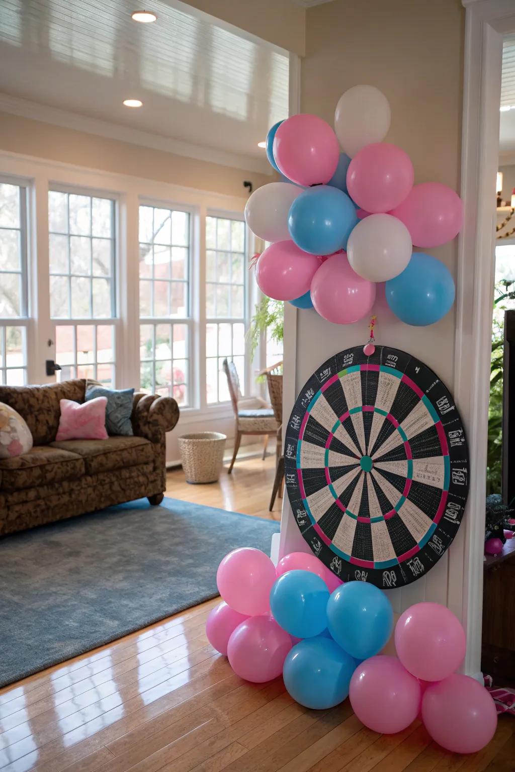 Get attendees involved through an engaging gender reveal dart board.