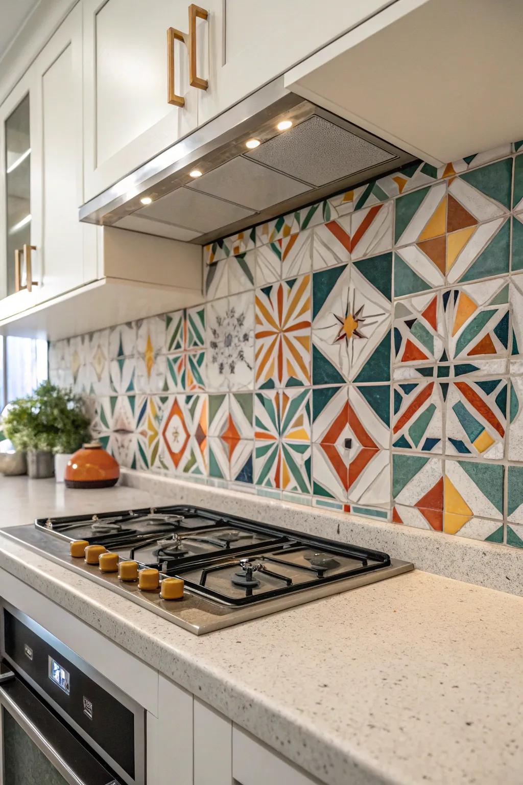 A unique and stylish kitchen backdrop is created with tessellated tiles.