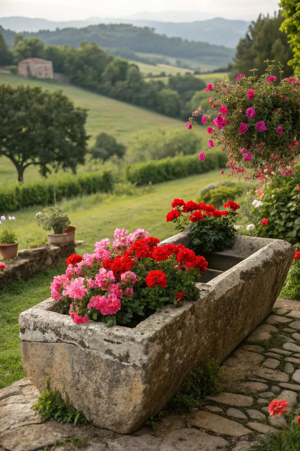 A timeless stone canal filled with blooming geraniums nestled in a lush garden.