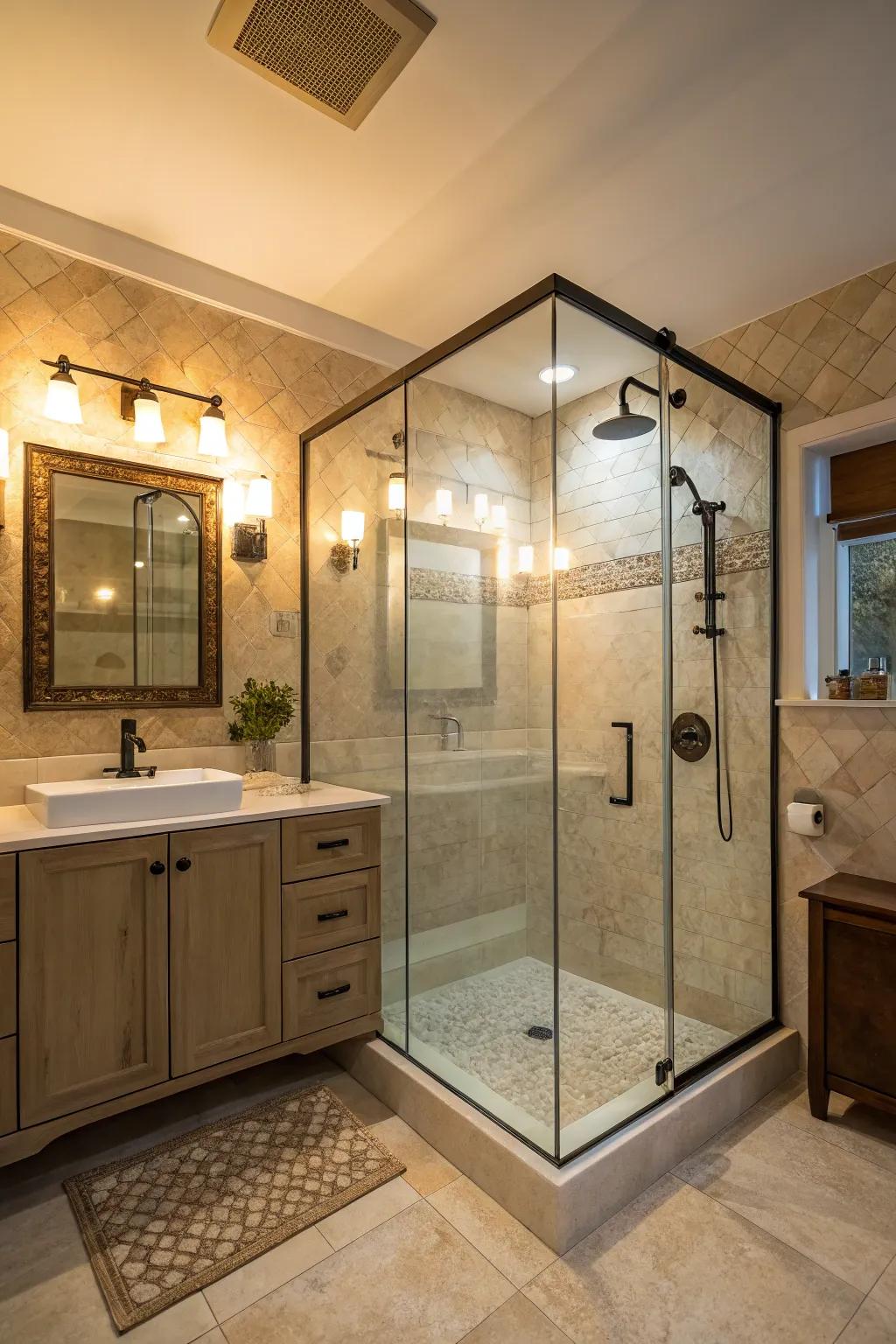 Strategically placed lighting above a shower can transform it into a captivating focal point.
