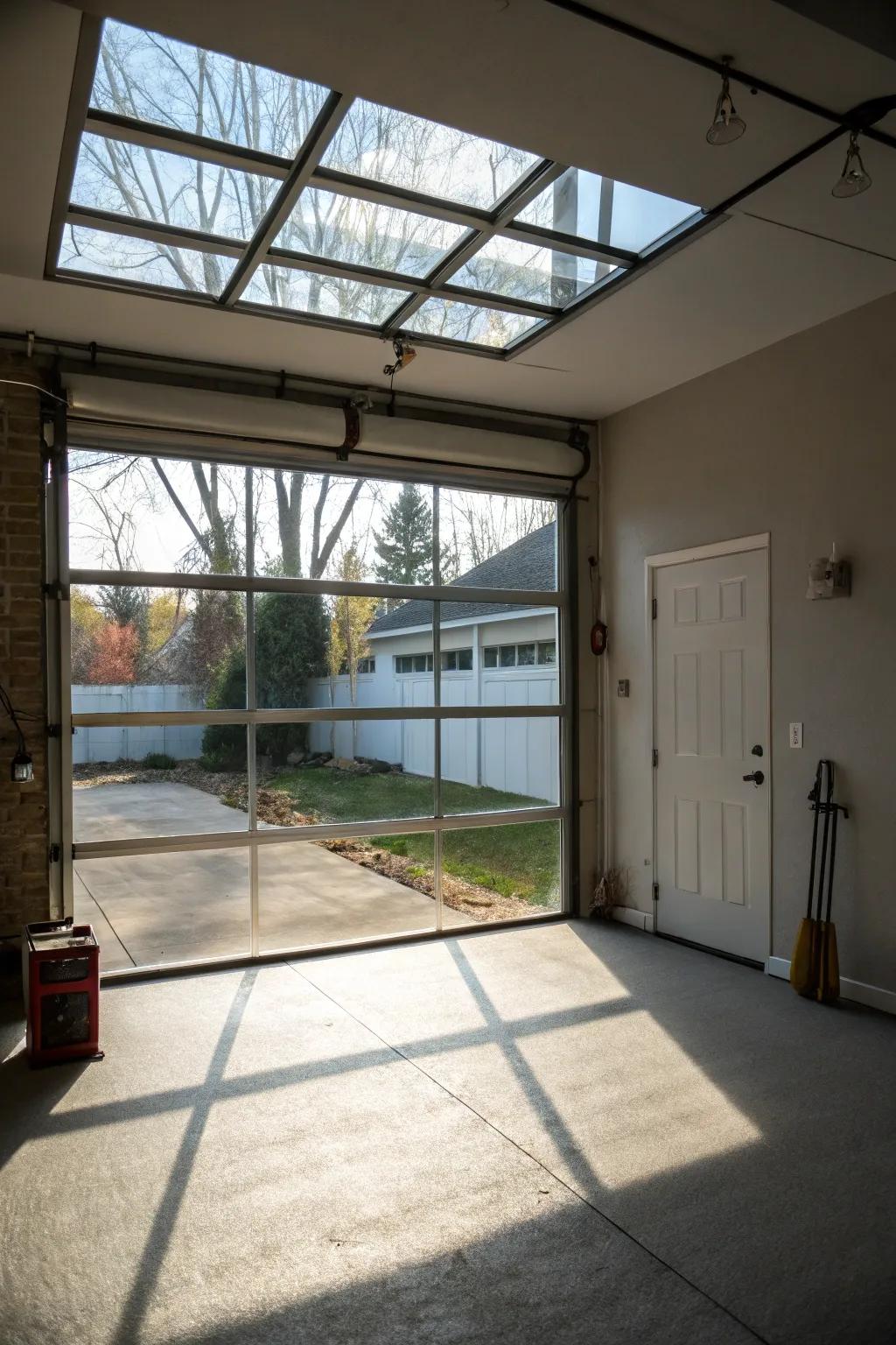 Natural light transforms a basement with a glass garage door.