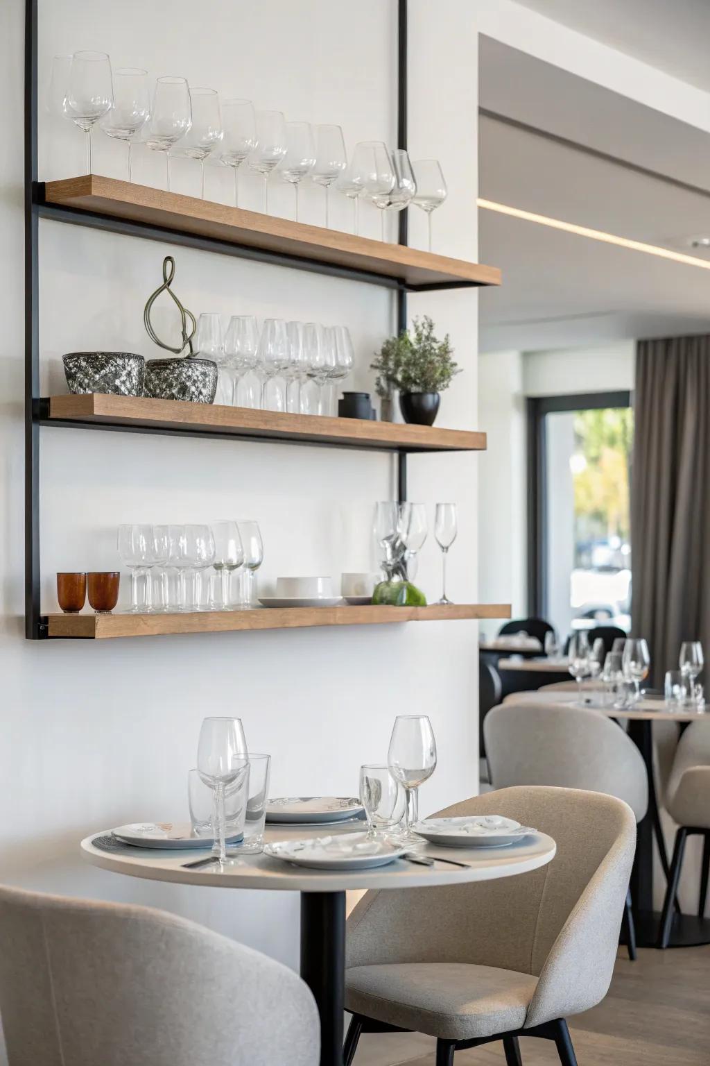Minimalist shelving units exhibiting refined glassware.
