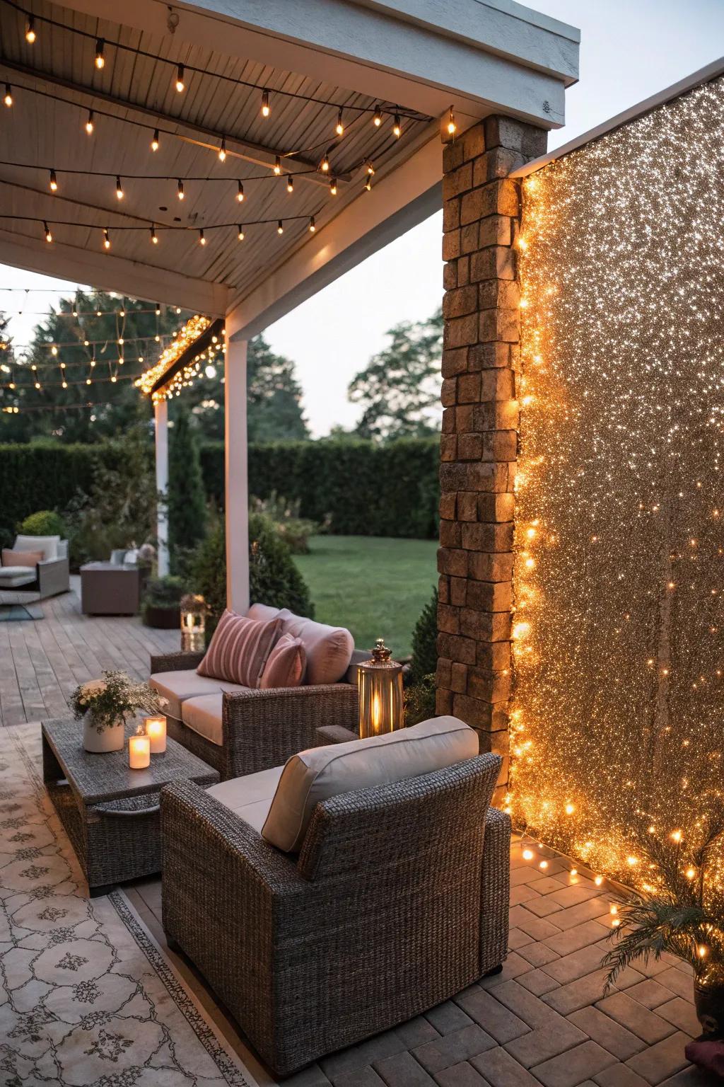 A glitter accent wall infuses radiance into an outdoor patio.
