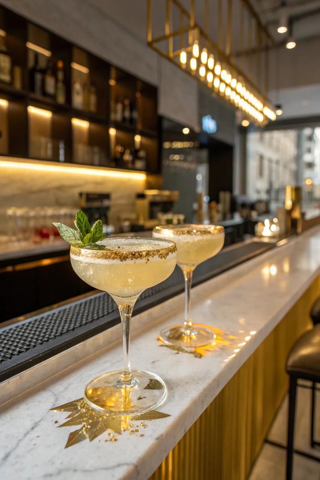 Gleaming foil garnishes add a glamorous touch to party drinks.