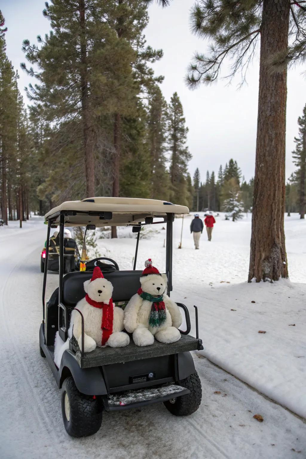 Polar bears lend a whimsical touch to this golf cart.