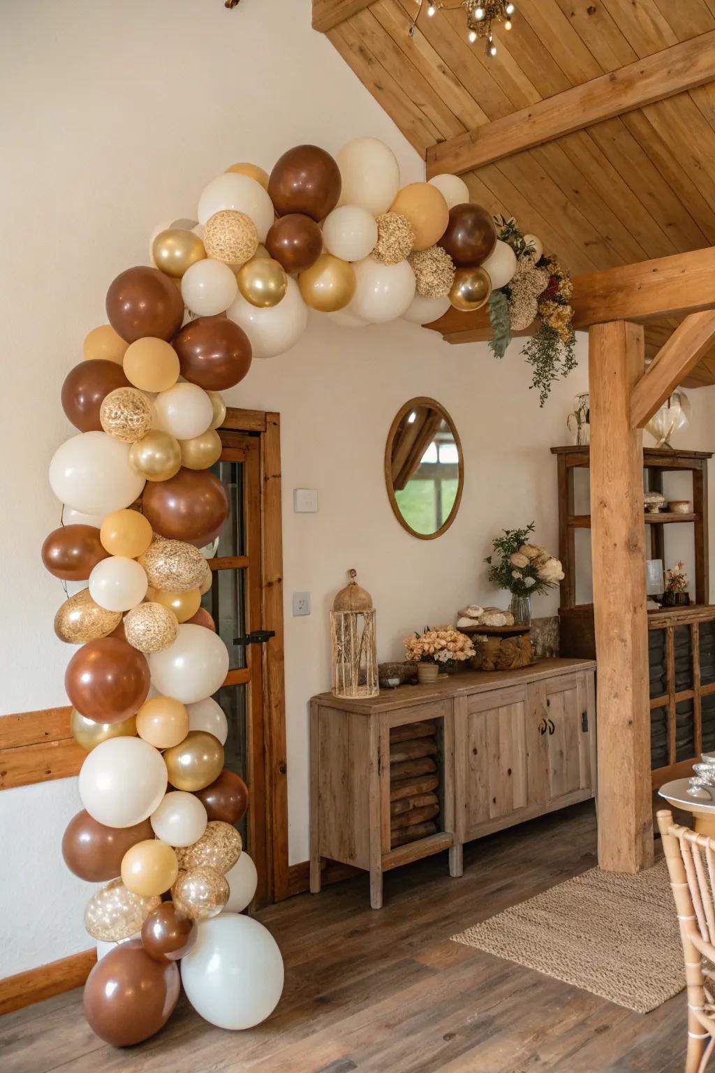 Cozy rustic balloon garland ideal for a charming celebration.