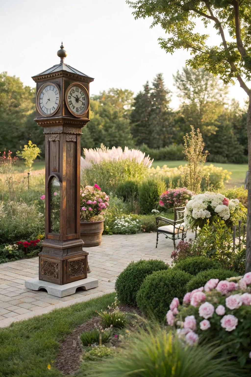 A time-honored sentinel infuses whimsy and charm into an exterior garden locale.