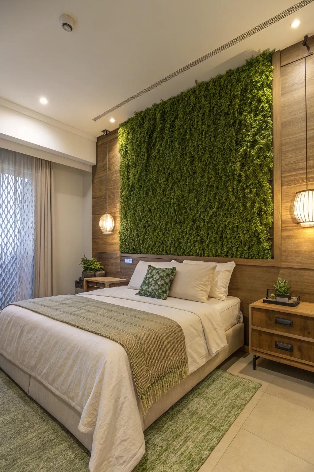 A serene verdant partition fashions a tranquil atmosphere in the boudoir for reposeful slumber.