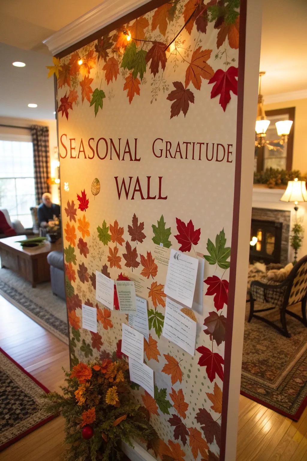A seasonal gratitude wall exhibiting autumnal components.