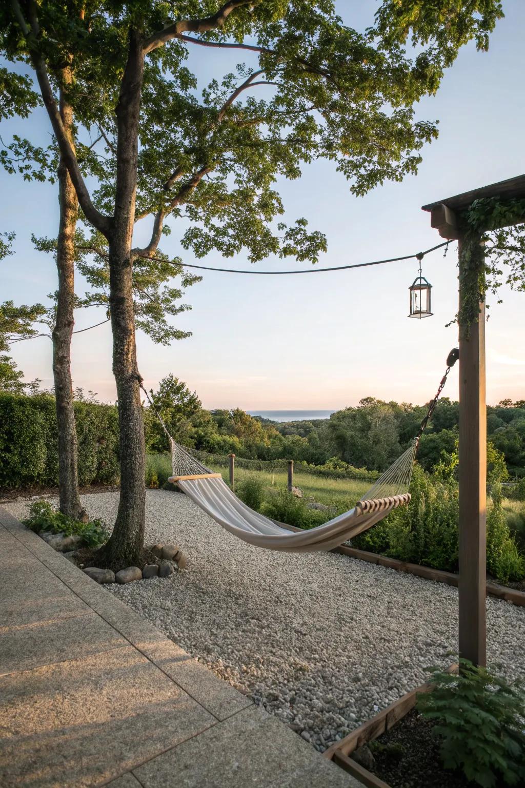 A gravel patio with a hammock, excellent for unwinding and relaxation.