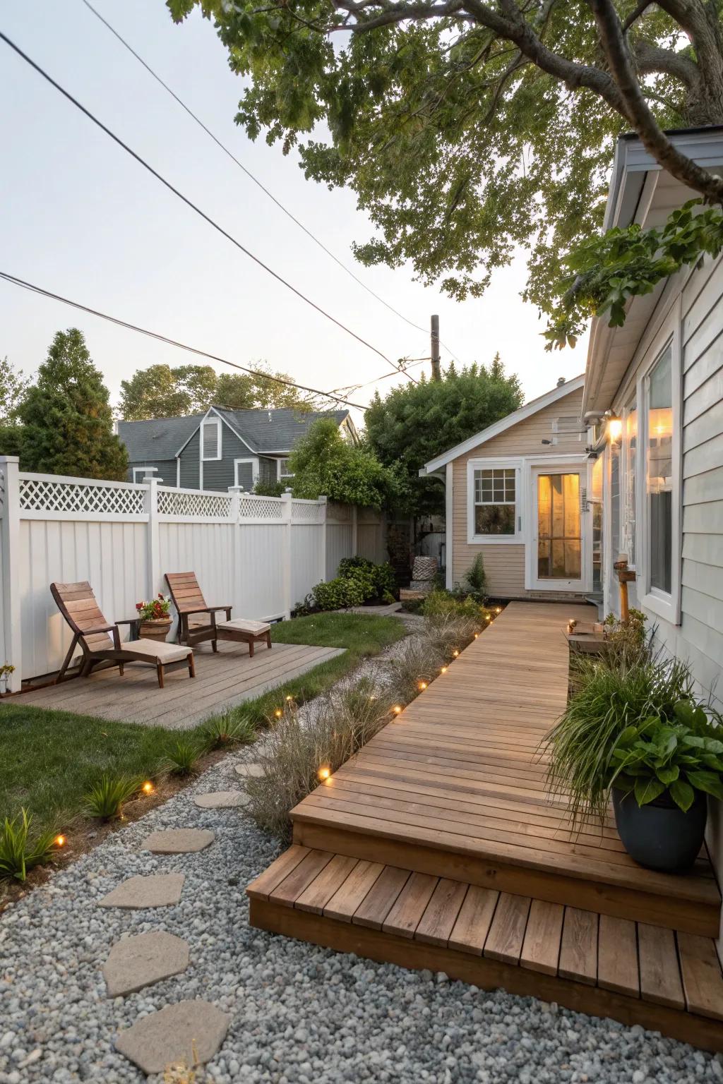 A harmonious blend of wooden decking and chippings in a backyard.