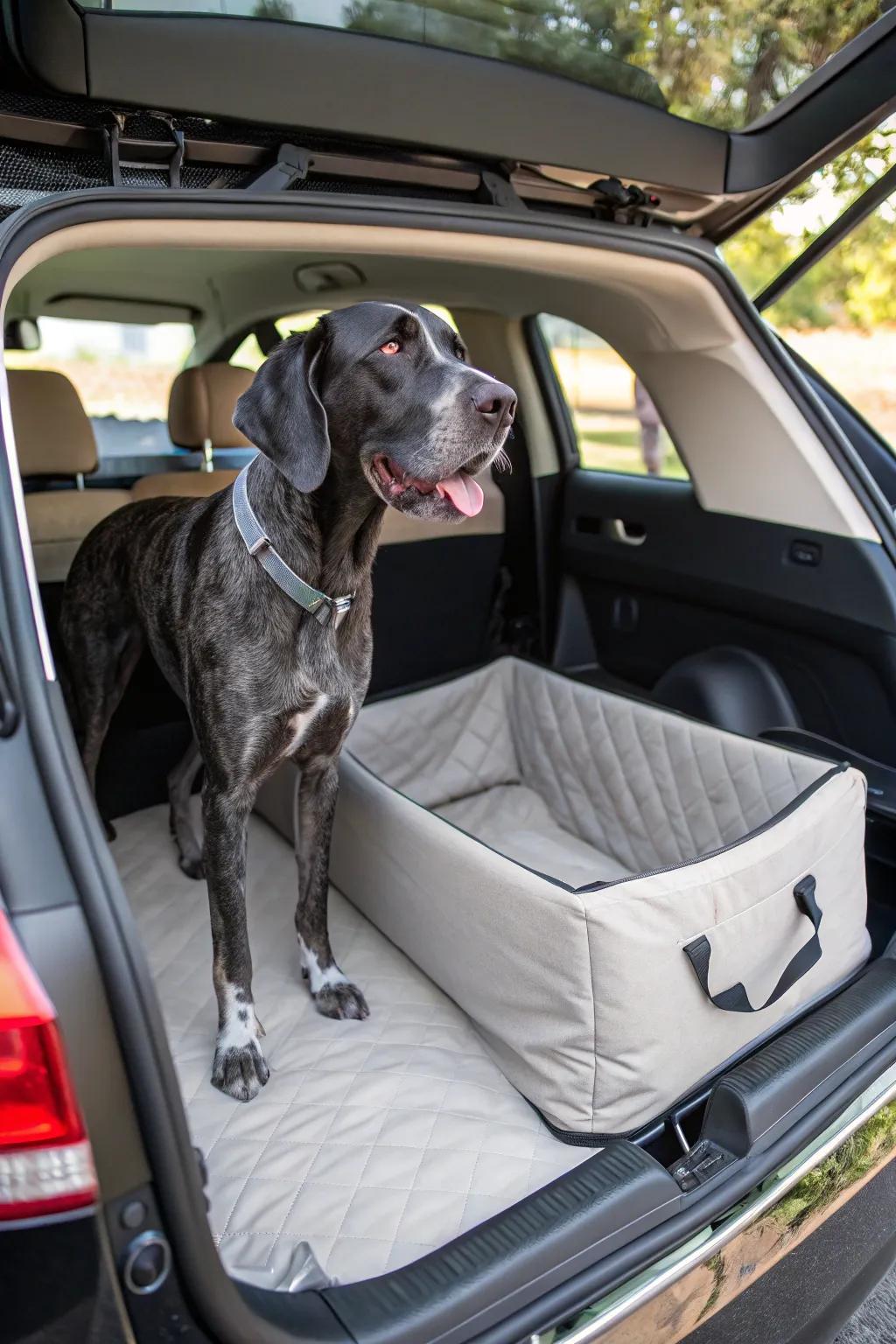 Portable dog beds provide essential comfort for your Great Dane while traveling.