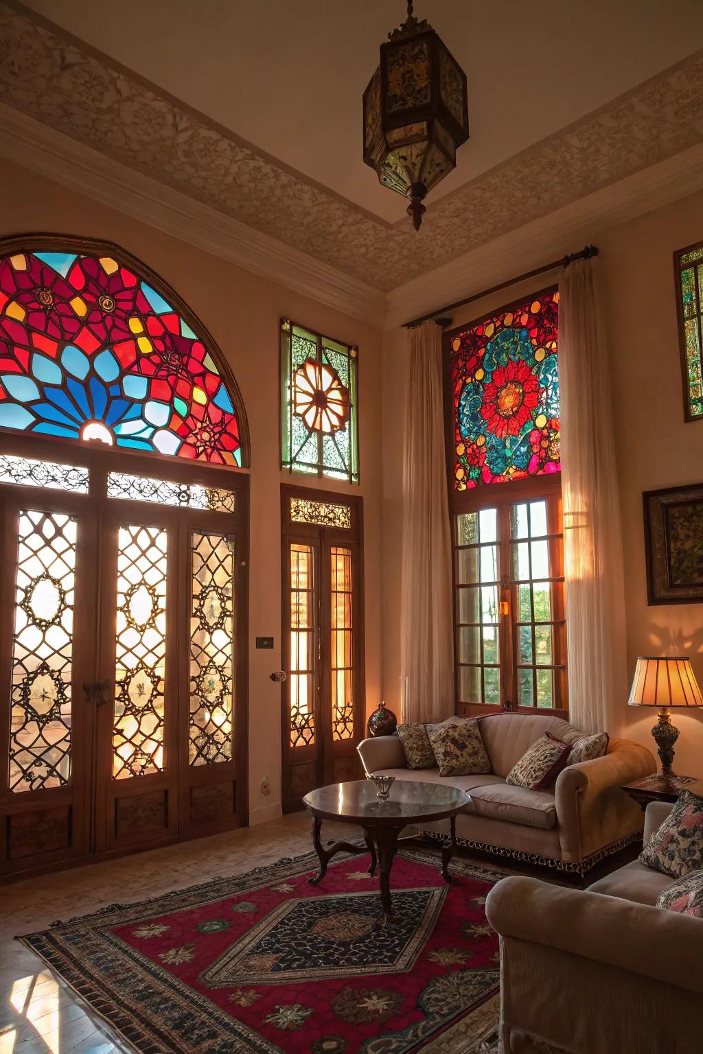 Stained glass windows contribute a splash of color and artistic charm to this living room.