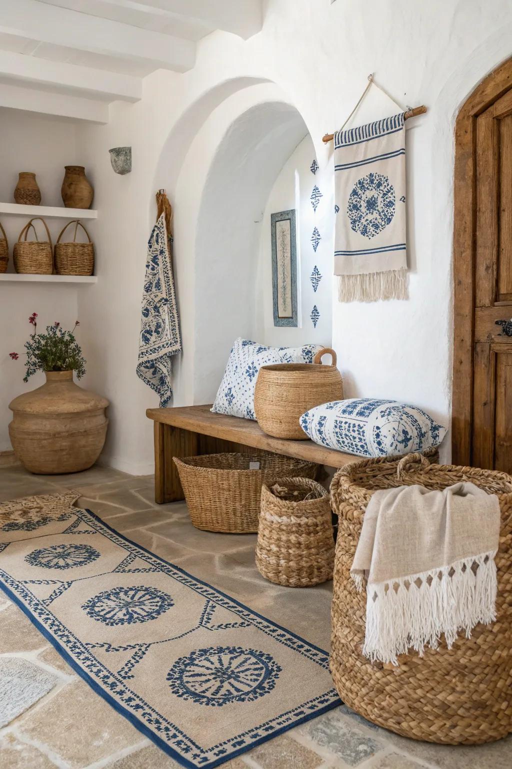 Textural decor embellishments contribute warmth to Hellenic-inspired interiors.