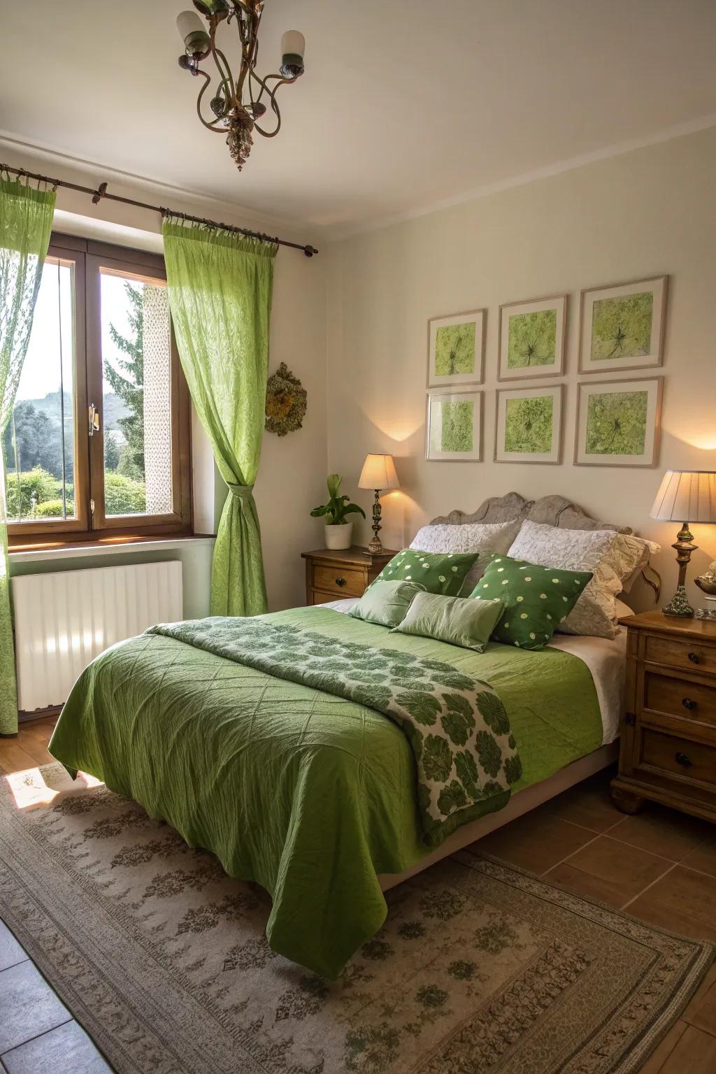 Sunlight beautifully amplifies the green tones in this bright bedroom.