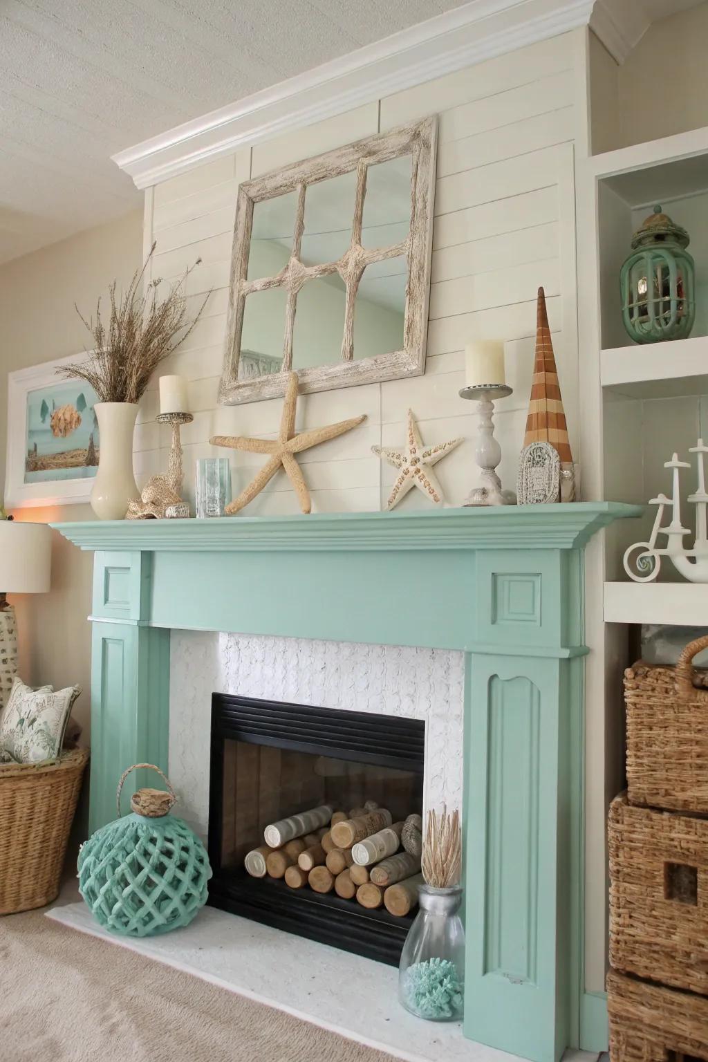 A beach-inspired room showcasing a refreshing ocean green mantel.