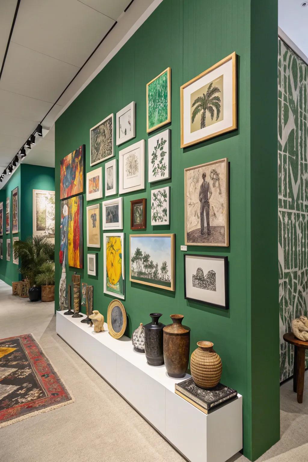 A gallery wall in contrast to green produces a striking comparison.