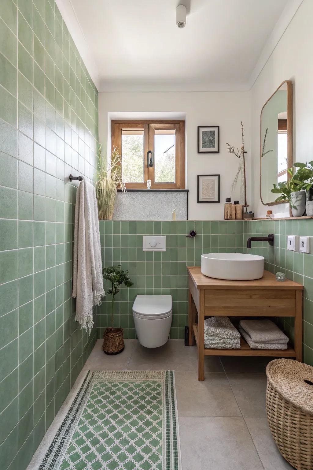 Sage green tiles create a serene and balanced atmosphere.