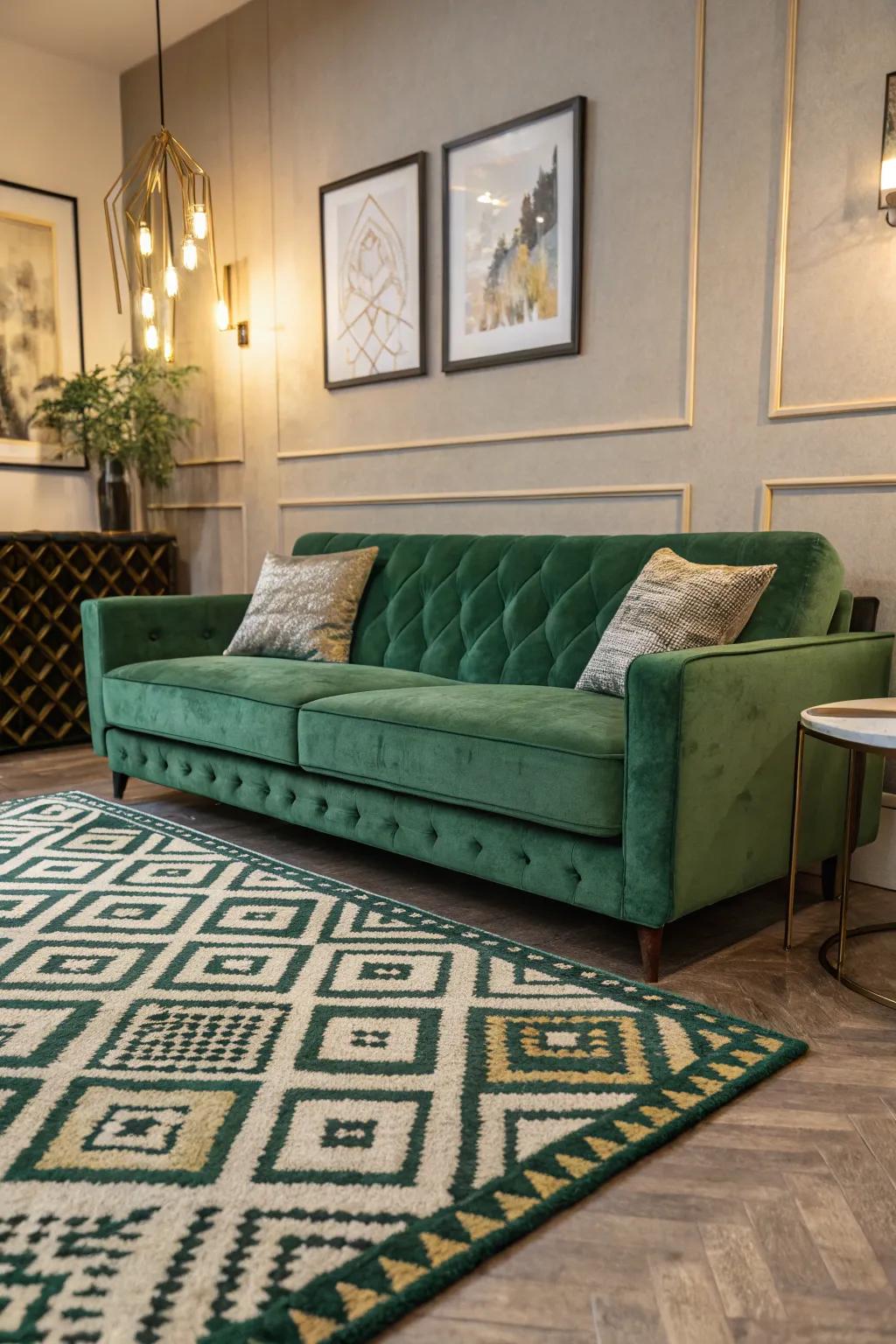 A contemporary living space featuring an emerald plush sofa and geometric designs.