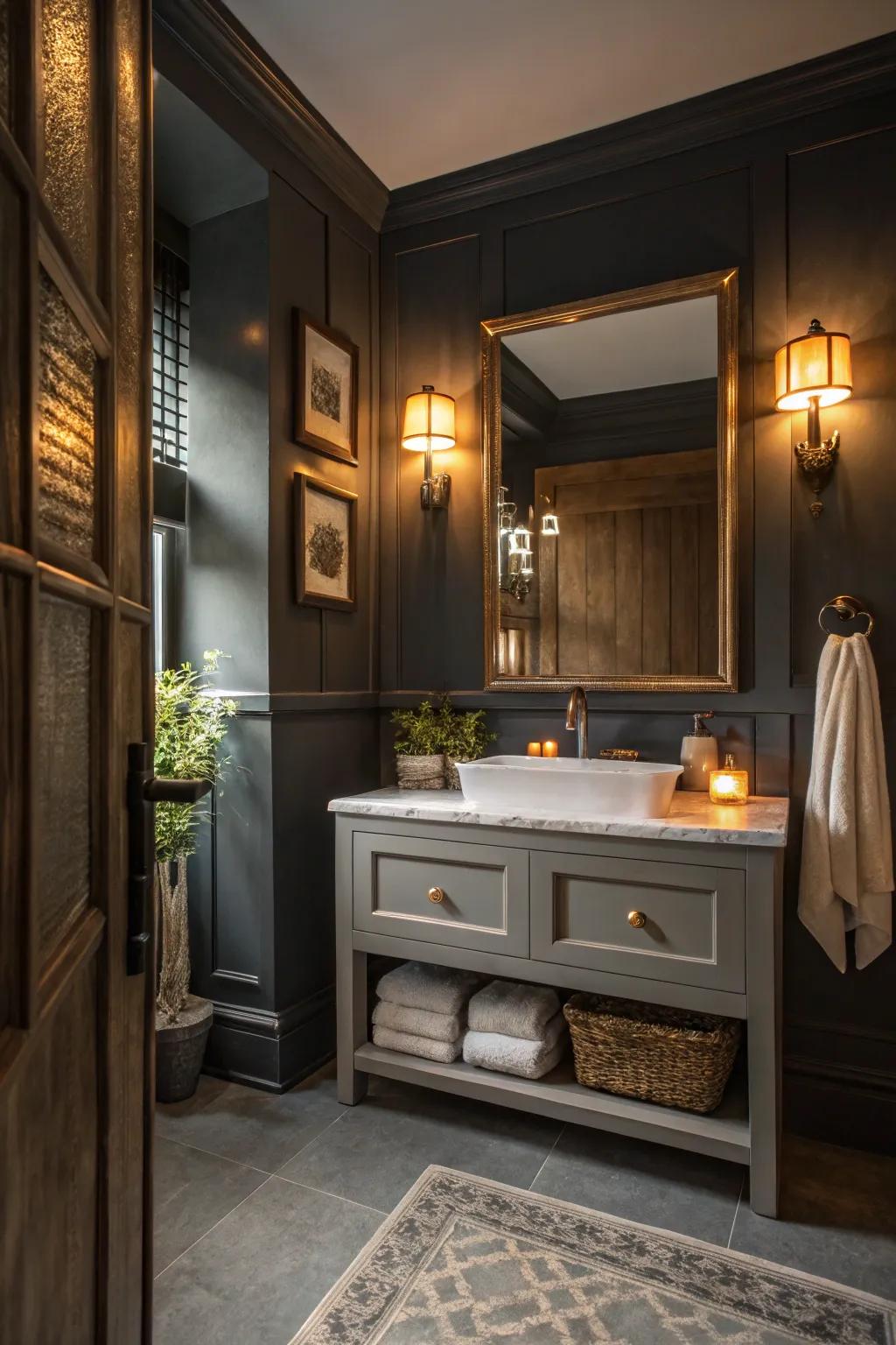 Dark grey walls make a bold statement in this chic bathroom.