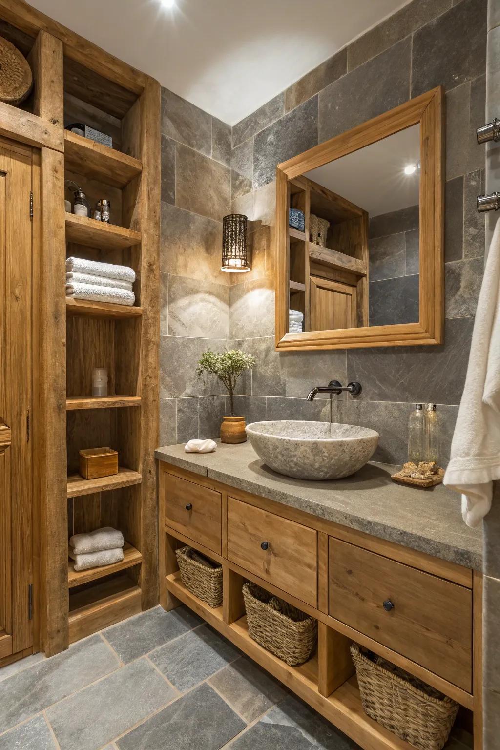 Rocky grey walls bring a modern rustic appeal to this naturally inspired bathroom.