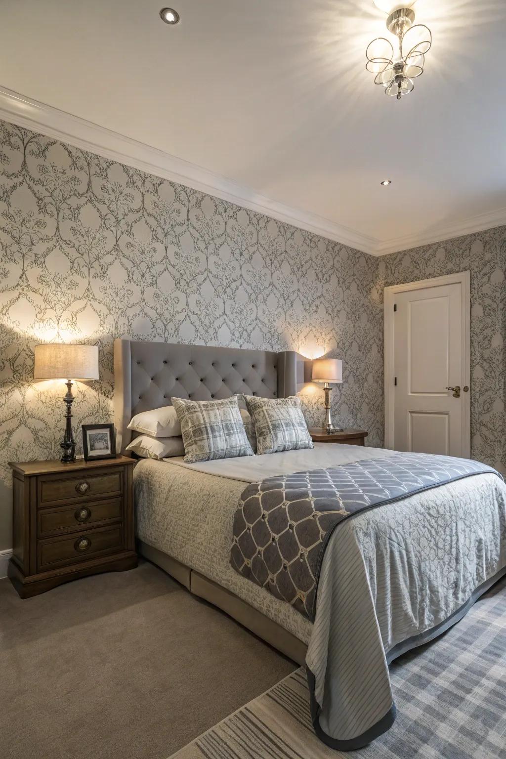 Patterns add interest to a grey bedroom.