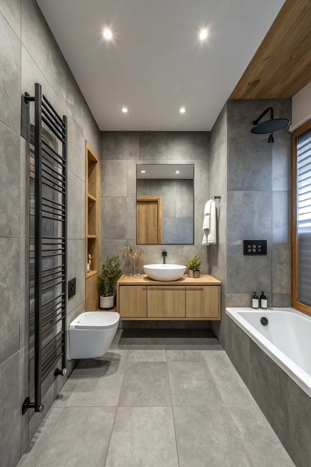 Extending grey tiles from wall to floor creates a seamless and stylish bathroom design.