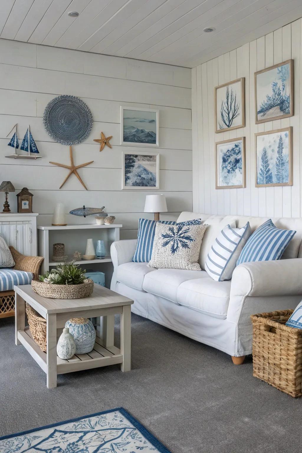 Coastal vibes bring tranquility to grey flooring.
