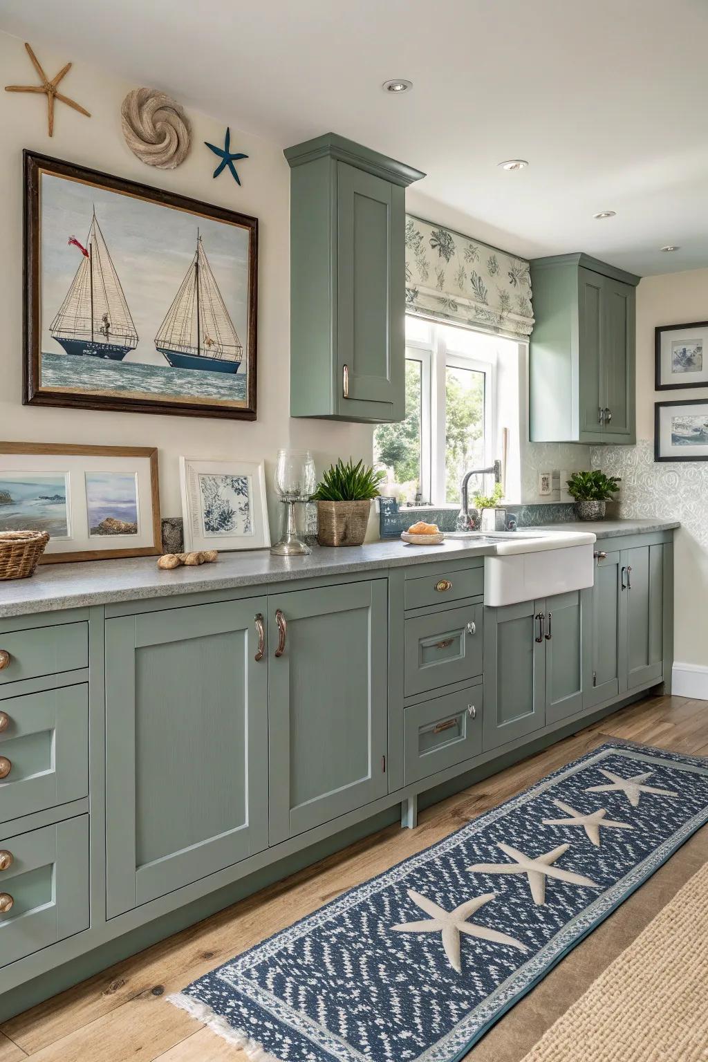 Nautical touches deliver a coastal vibe that enhances grey-green cabinets.