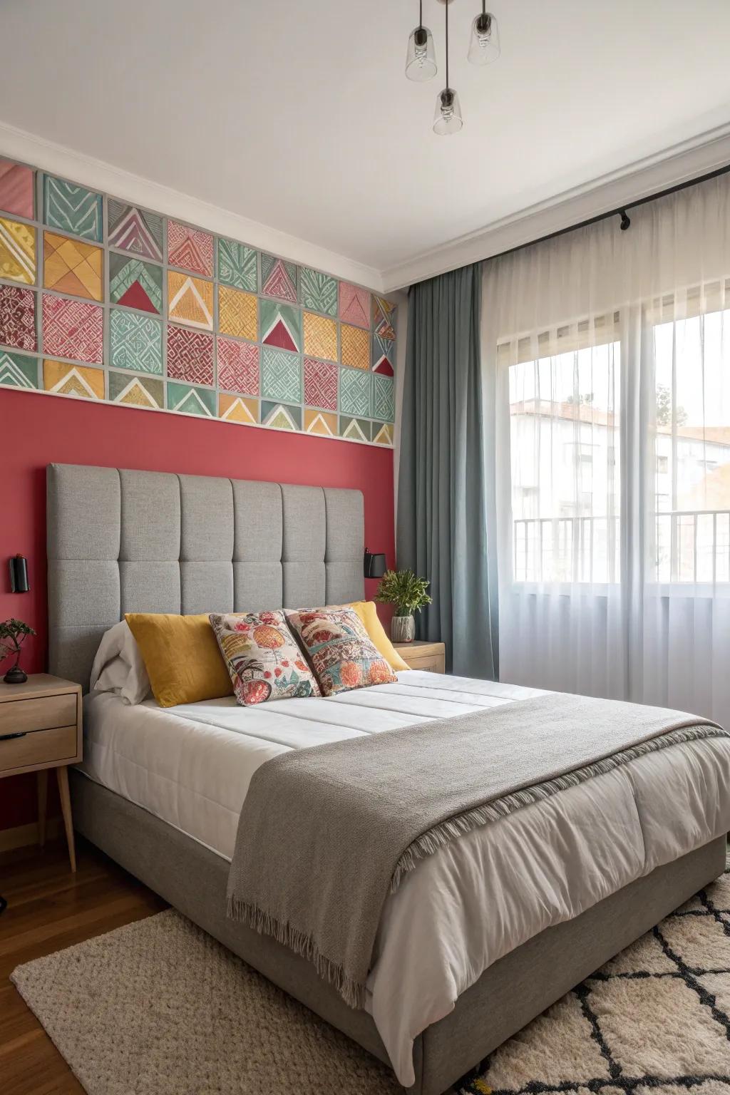 A striking featured wall enhances the grey headboard, bringing depth to the bedroom.