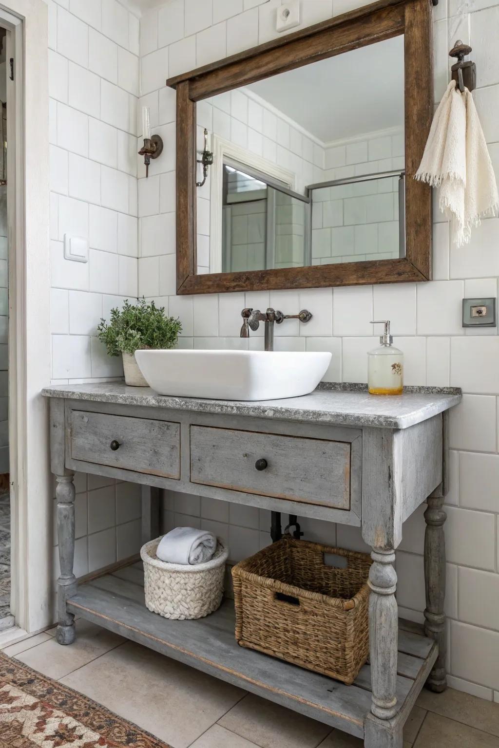 A vintage table repurposed as a grey vanity introduces distinctive character.