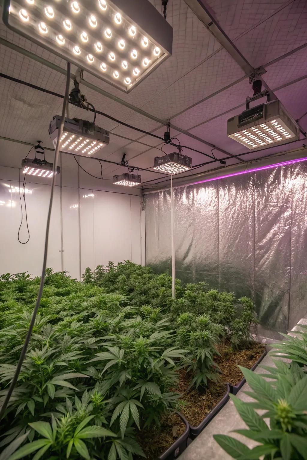 Reflective walls help spread light evenly across your grow room.