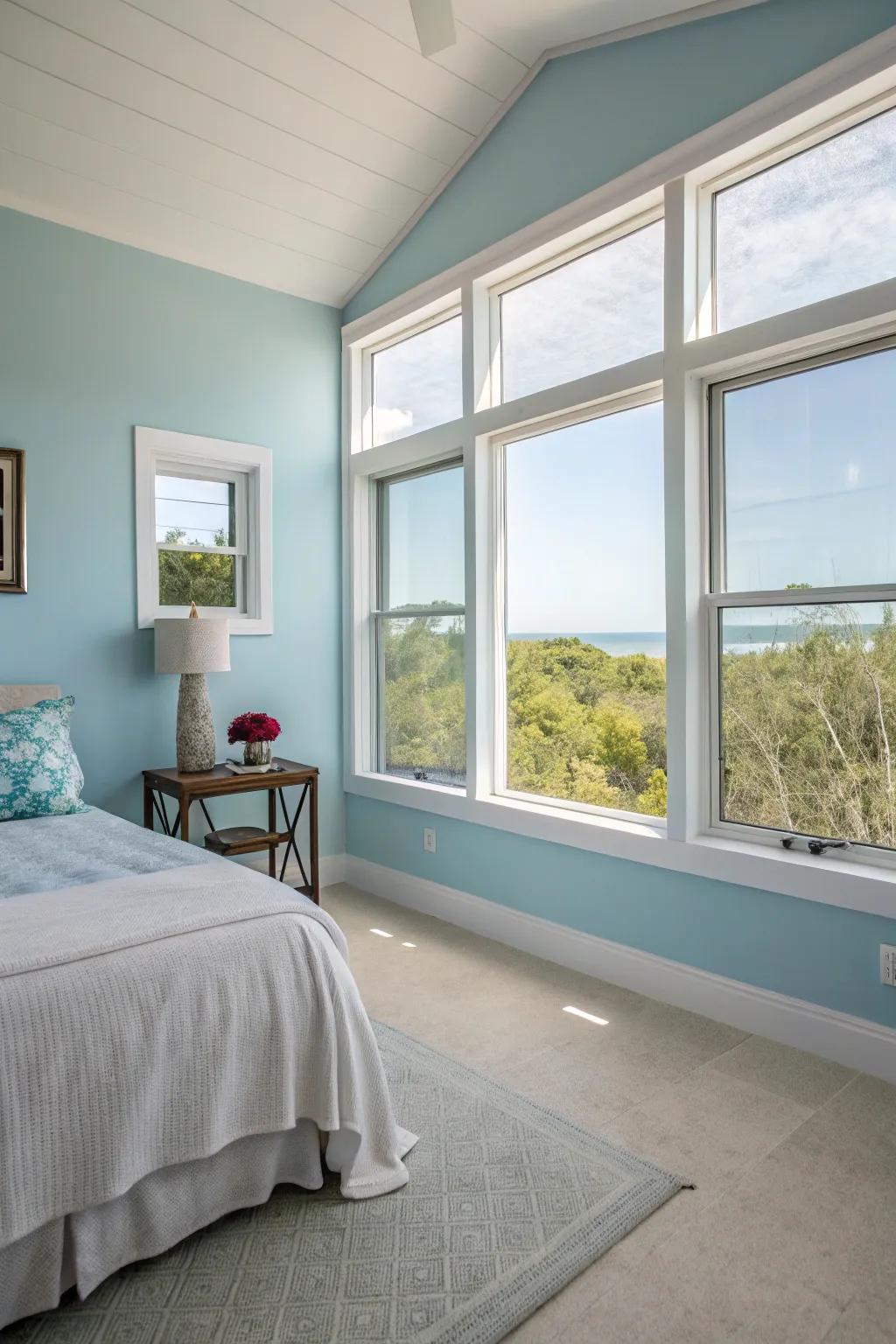 A guest room with sky blue walls for a light, airy feel.
