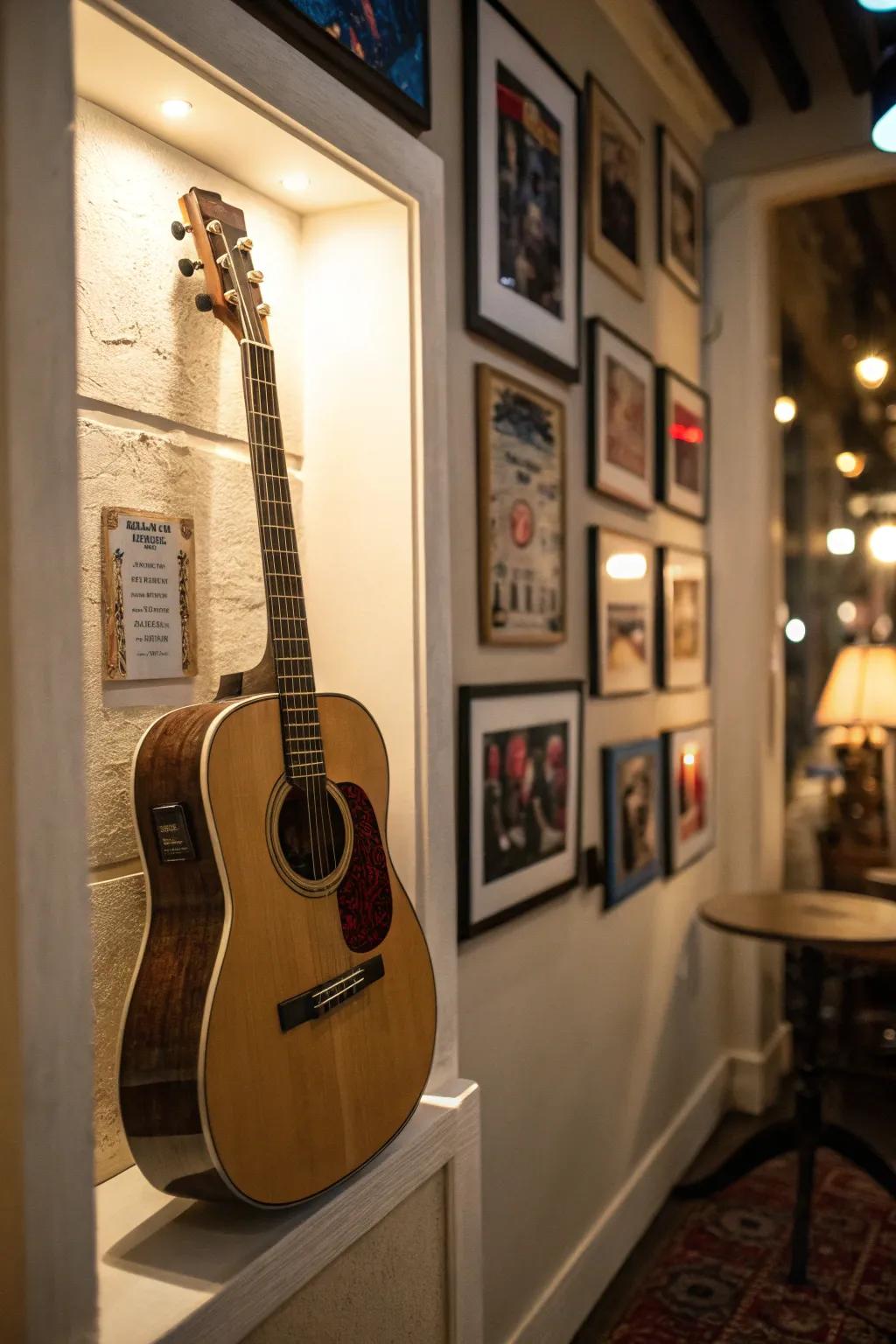 Guitar displayed in a cozy alcove space.