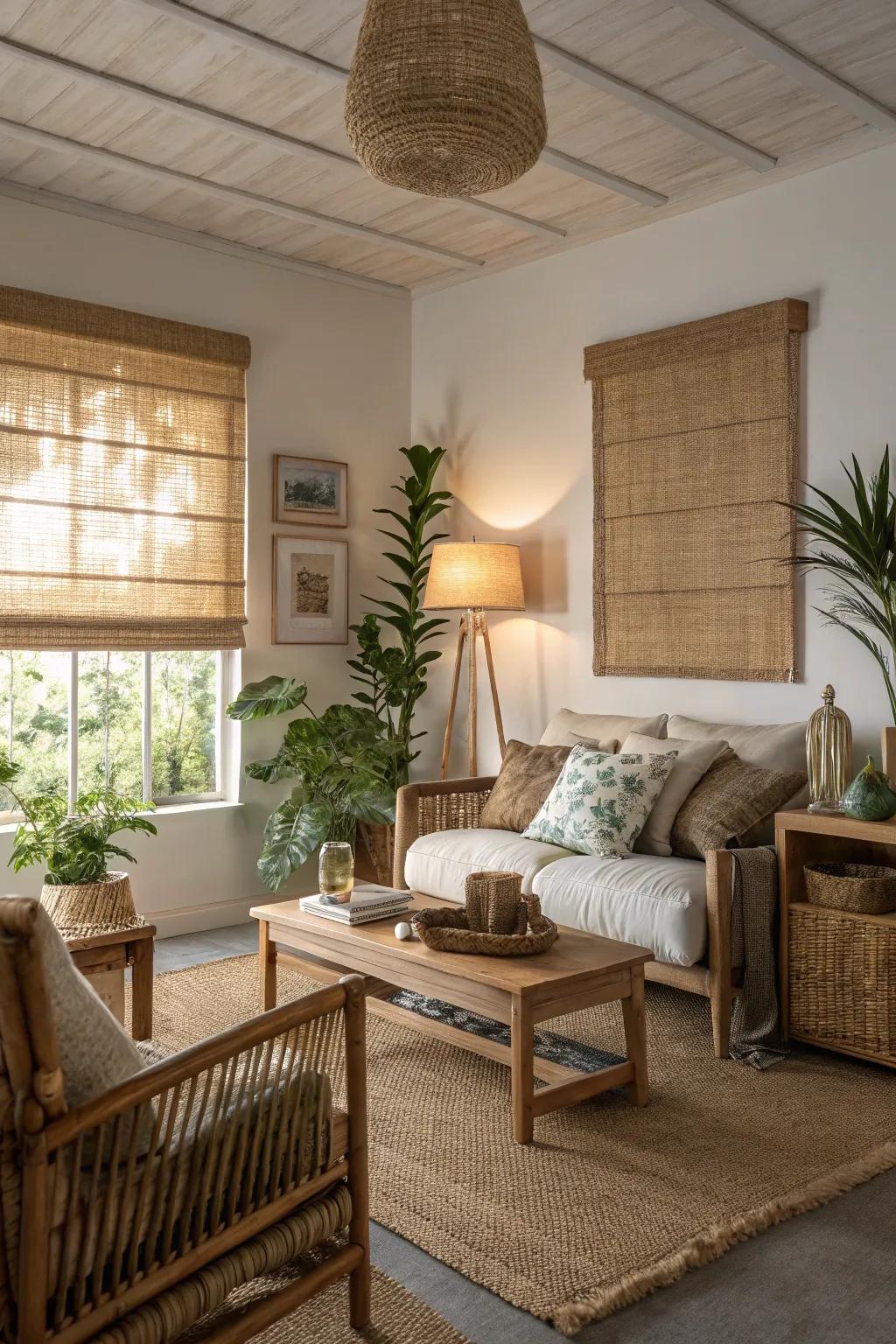 A tranquil living room featuring interwoven timber window accents.