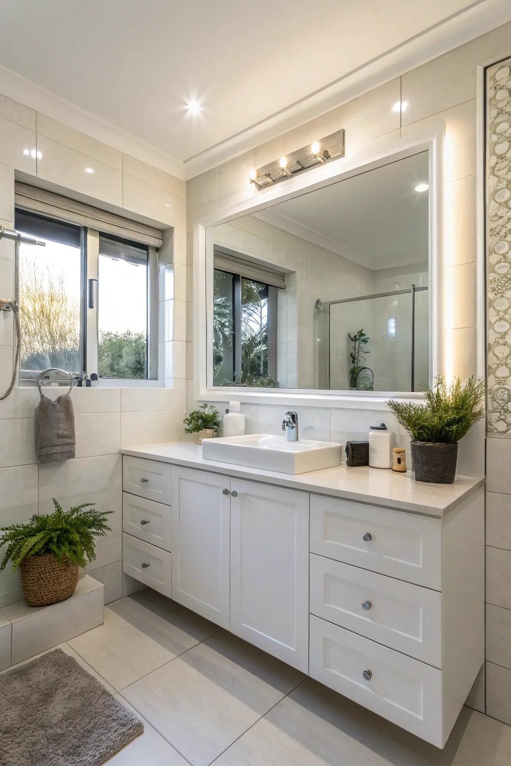 A corner vanity efficiently utilizes space in a small hall bathroom.